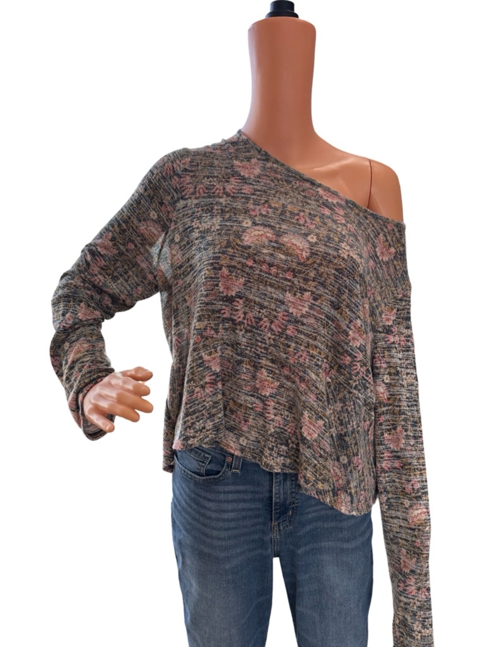 LC Lauren Conrad Off-Shoulder Heathered Gray Knit Sweater with Pink Floral